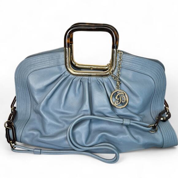 Bally Blue leather Pachina shoulder bag top handle bag tortoise shell handles - Picture 1 of 13